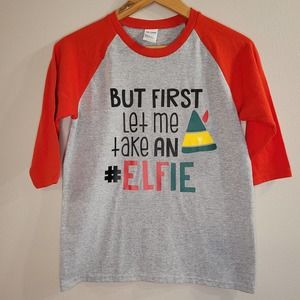 Gildan Youth Christmas "But First Let Me Take An Elfie" TShirt 3/4 Sleeve Medium